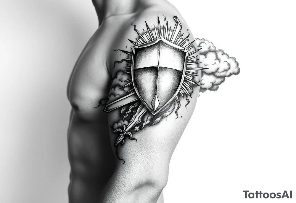 clouds, shield, sword, sun ray tattoo idea