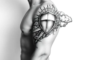 clouds, shield, sword, sun ray tattoo idea