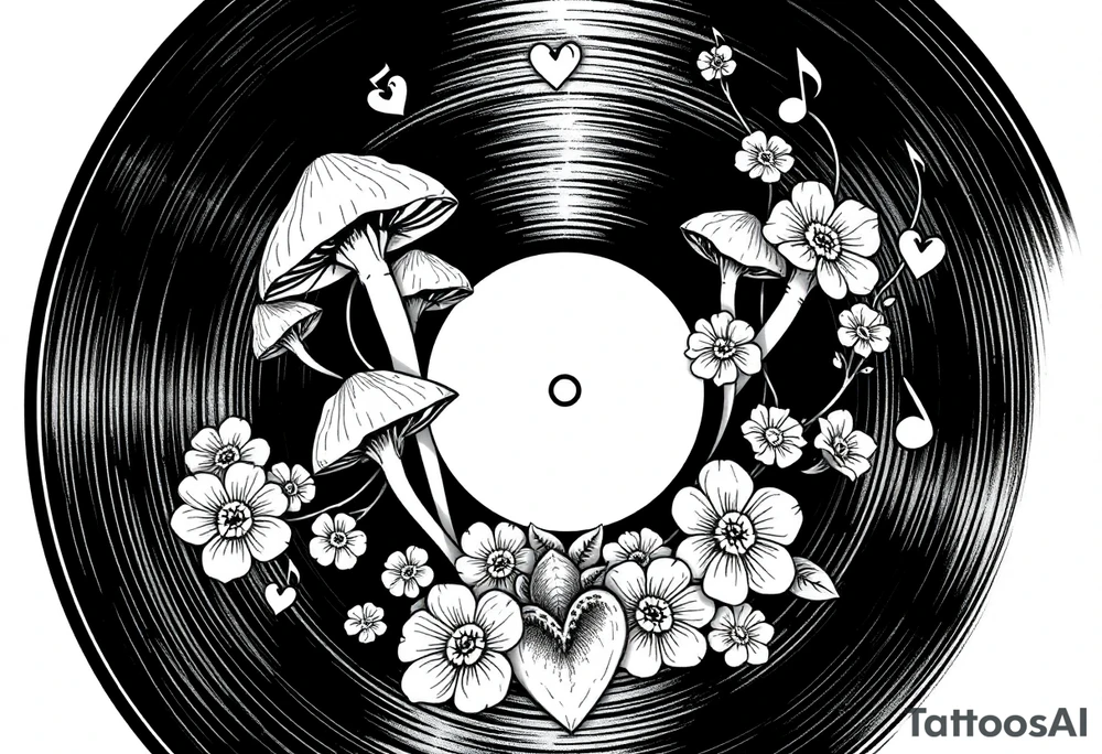 vinyl record with mushrooms, flowers, hearts, and music notes tattoo idea