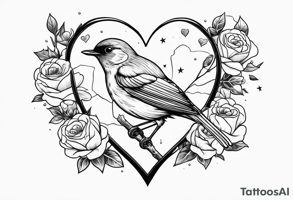A heart muscle with a Robin inside surrounded by roses, likely of the valley and cosmos flowers tattoo idea