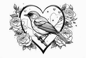 A heart muscle with a Robin inside surrounded by roses, likely of the valley and cosmos flowers tattoo idea