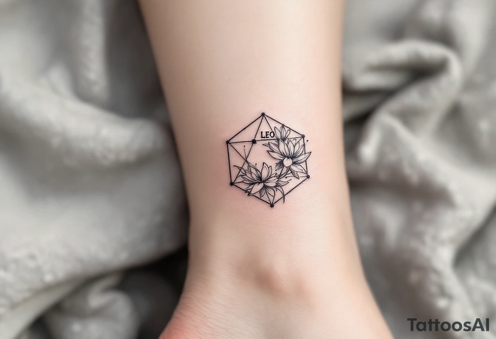 Small Feminine simple Dotted Line hexagon with Leo astrological symbol surrounded by larkspurs and water lilies tattoo idea