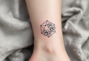 Small Feminine simple Dotted Line hexagon with Leo astrological symbol surrounded by larkspurs and water lilies tattoo idea