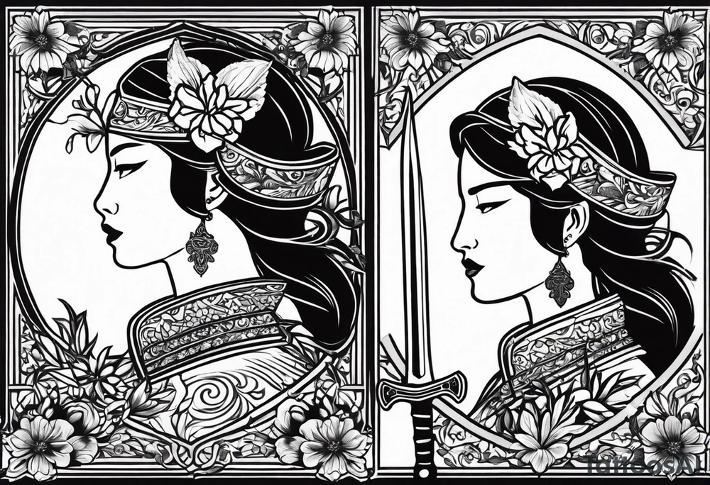 The tattoo in the image features a striking design that blends the faces of two characters, separated by a sword. The left side depicts a woman with a flower in her hair, styled in a traditional way, while the right side shows a more warrior-like appearance, with the sword positioned in the center. Below the face, there's a detailed design that includes a large flower and possibly a comb, adding to the symbolic elements of the piece. 

The text on the right side of the tattoo reads, "A flowered is on your shoulder," which seems to be a customized or stylized phrase.

The tattoo seems to be inspired by themes of duality, strength, and beauty. The imagery might be referencing a character or a cultural symbol, possibly from Asian art or mythology. tattoo idea