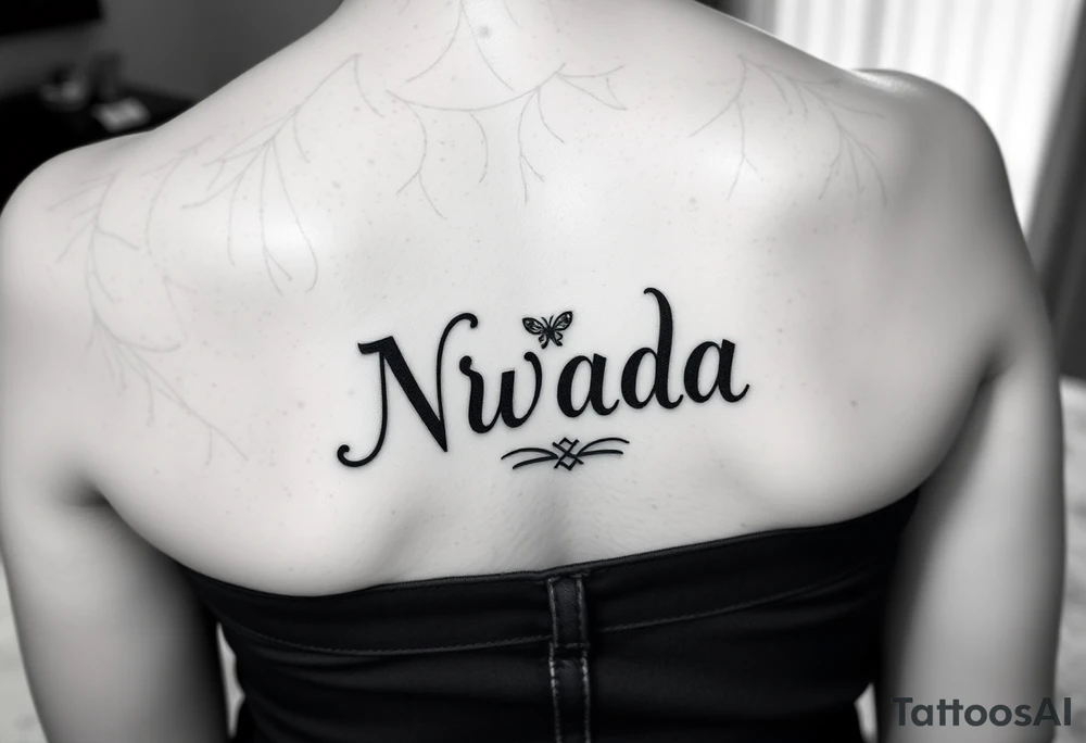 a woman's waist with the word "Nwada" written on her waist make her sit on the bed tattoo idea