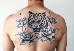 fierce tiger emerging through blooming lotus flowers in mist tattoo idea