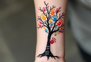 Bare tree with colored handprints on the trunk, each handprint labeled with a name and year “Martin 2015,” “Olivie 2012” etc. Bright primary colors for prints on a black-ink tree. tattoo idea