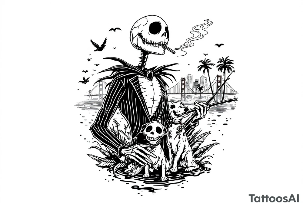 majestic jack skellington with dog,smoking a blunt and fishing,surrounded by city buildings,golden gate bridge, birds, palm trees, tattoo idea