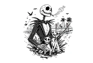 majestic jack skellington with dog,smoking a blunt and fishing,surrounded by city buildings,golden gate bridge, birds, palm trees, tattoo idea