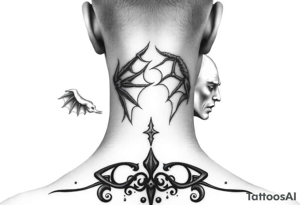 position behind the neck Angel (on the right) whispering in the right ear, demon (on the left) whispering in the left ear. It must be as realistic as possible. tattoo idea