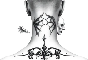 position behind the neck Angel (on the right) whispering in the right ear, demon (on the left) whispering in the left ear. It must be as realistic as possible. tattoo idea