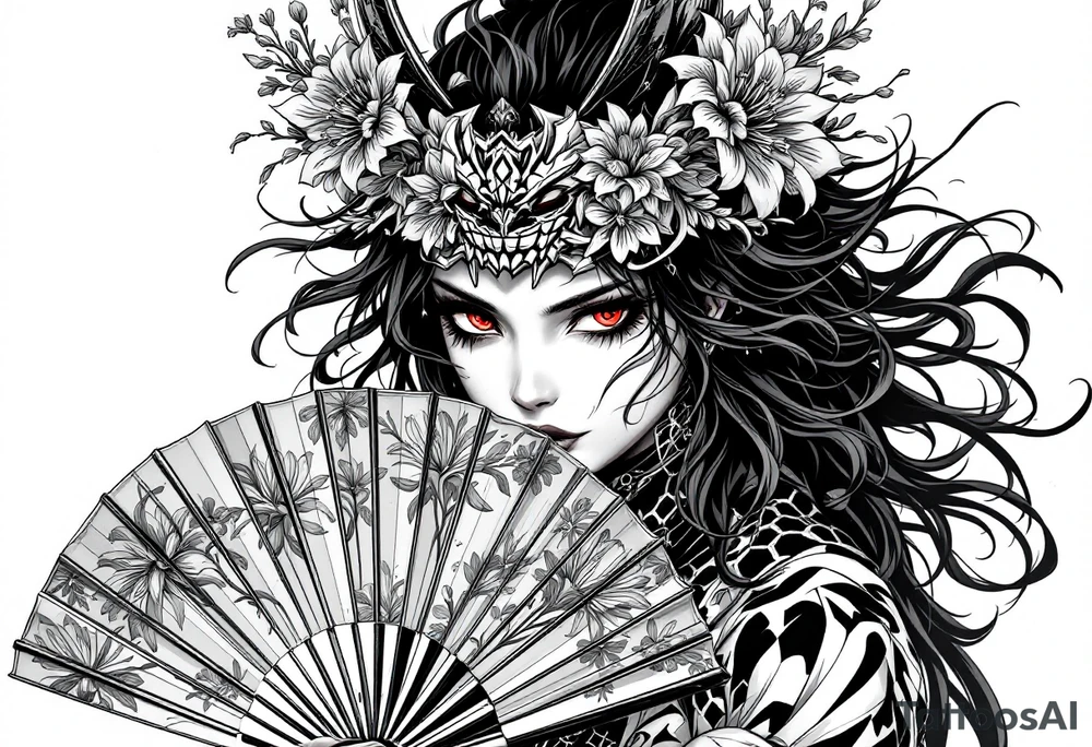 Samurai woman with red eyes wearing an half and broken kitsune mask on her hair and holding an irises flowers hand fan tattoo idea