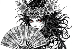 Samurai woman with red eyes wearing an half and broken kitsune mask on her hair and holding an irises flowers hand fan tattoo idea
