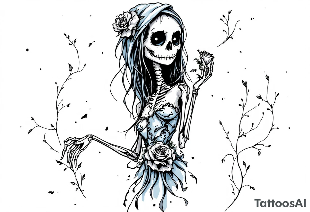 Tim Burton’s skeletal bride wears a tattered ice-blue gown, with wilted gray roses in her hand. tattoo idea