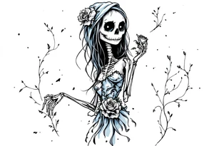 Tim Burton’s skeletal bride wears a tattered ice-blue gown, with wilted gray roses in her hand. tattoo idea