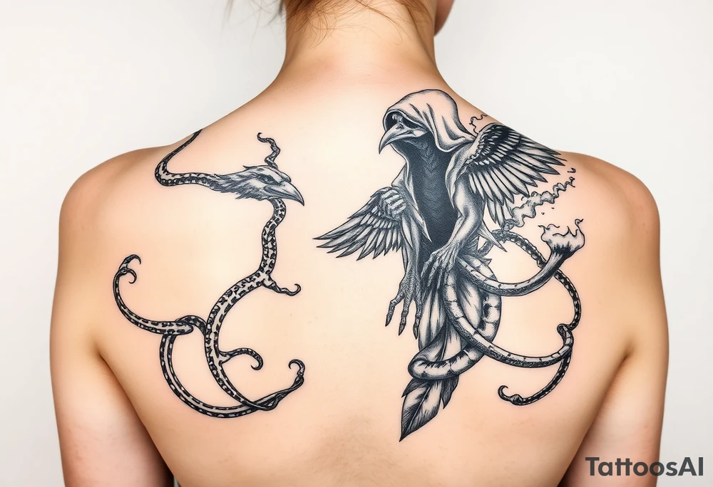 Mix grim reaper, snakes, crow and smoke, all the way back, not just upperback tattoo idea