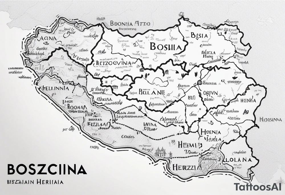 Bosnian Borders:
"Let the outline of Bosnia and Herzegovina’s borders be the central focus of the tattoo. Use thin lines to draw the country’s shape, making it clear and elegant."
"Place the map centrally, symbolizing your connection to the homeland." tattoo idea