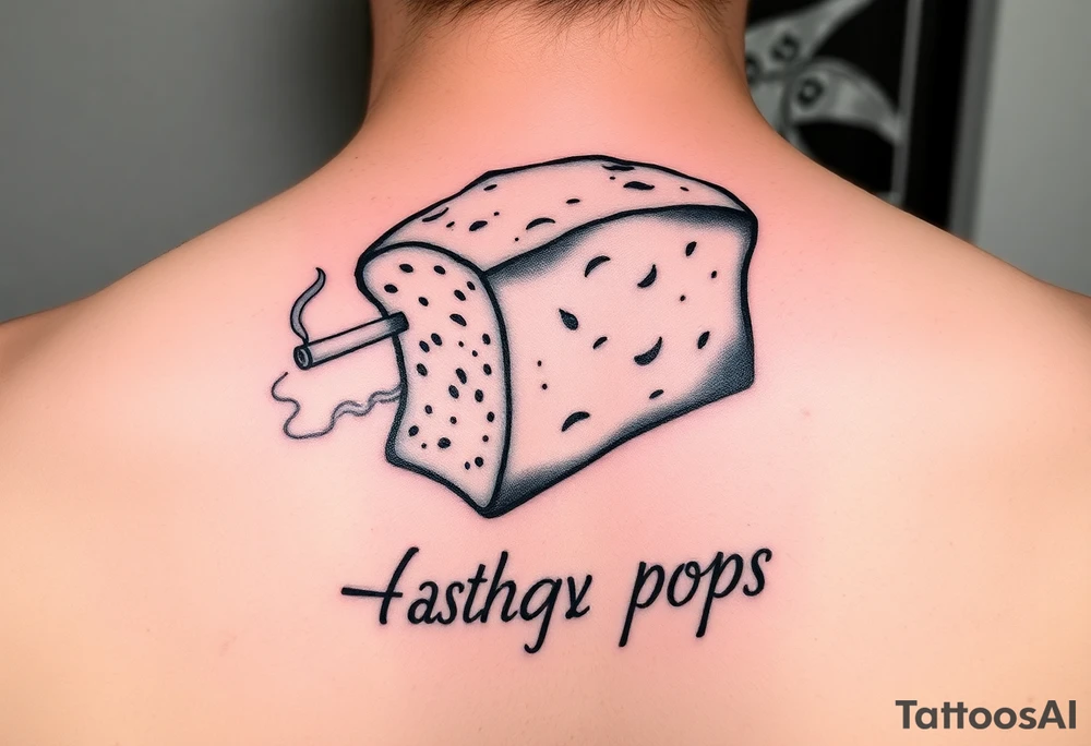 A loaf of bread smoking a cigarette with ashtray  pops written tattoo idea