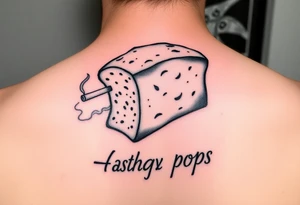 A loaf of bread smoking a cigarette with ashtray  pops written tattoo idea