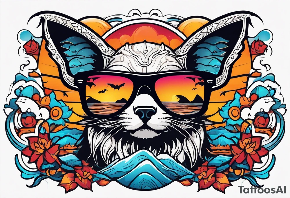 Colorful hieroglyph wearing sunglasses with bats water and cave tattoo idea