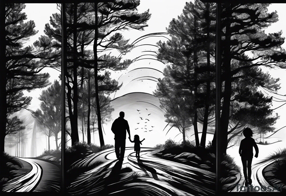 sleeve tattoo sun rays with windy road and dad, daughter and son silhouette tattoo idea
