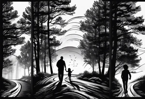 sleeve tattoo sun rays with windy road and dad, daughter and son silhouette tattoo idea