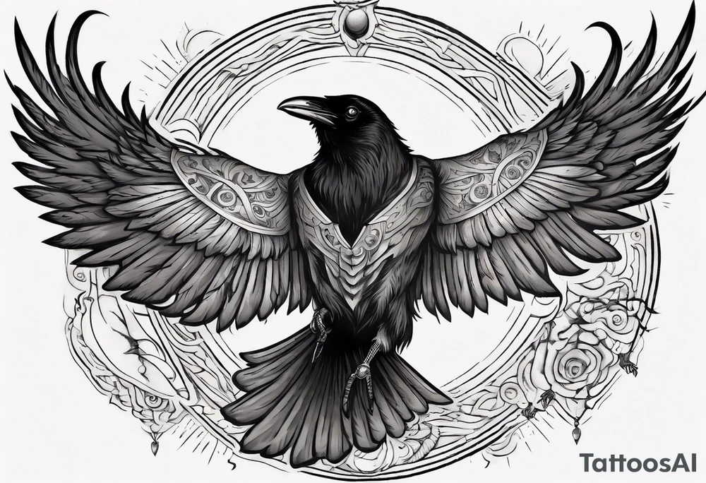 Cunning and Regal Raven flying towards the Sun. Mystic. tattoo idea