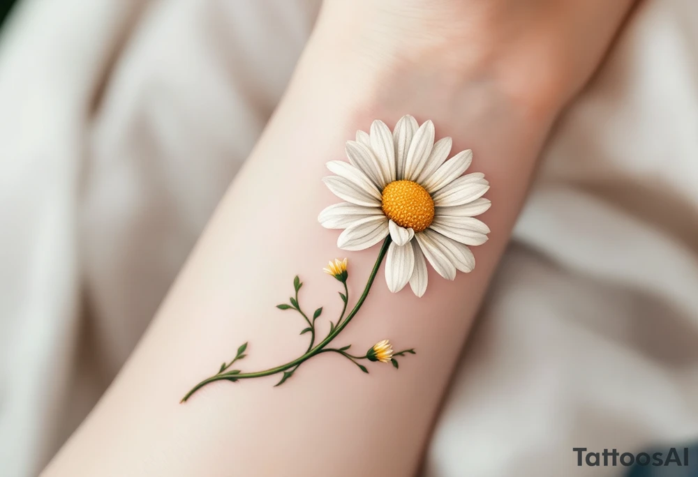 A delicate ox-eye daisy tattoo with pure white petals softly shaded in pale gray, a vibrant golden-yellow center textured with tiny dots, and slender green stems and leaves winding gracefully in a natural, hand-drawn style. tattoo idea
