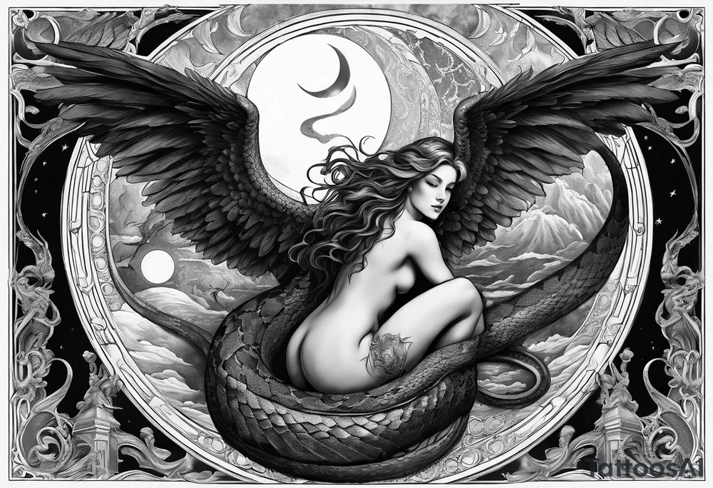 Lucifer (half angel and half snake) wraps the moon in the sky tattoo idea