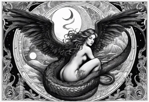 Lucifer (half angel and half snake) wraps the moon in the sky tattoo idea