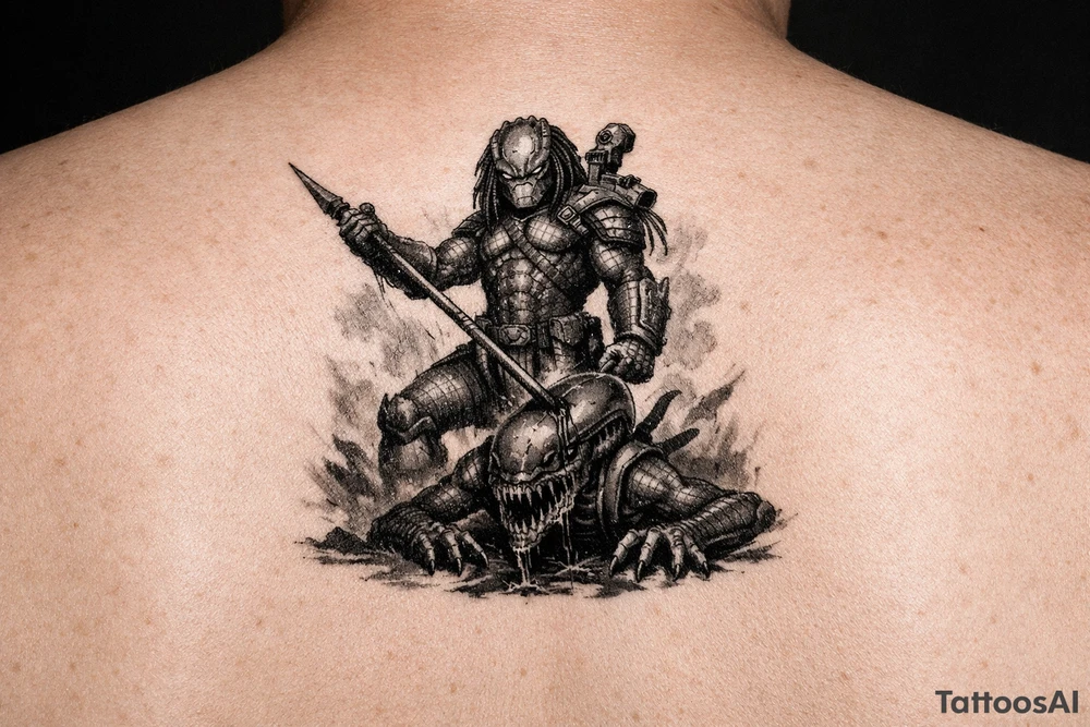 predator killing an alien, alien is crawling from the ground, predator stands tall driving his spear through the xeno's head. predator is proud, add his laser gun on his shoulder tattoo idea