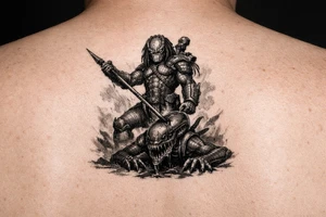 predator killing an alien, alien is crawling from the ground, predator stands tall driving his spear through the xeno's head. predator is proud, add his laser gun on his shoulder tattoo idea