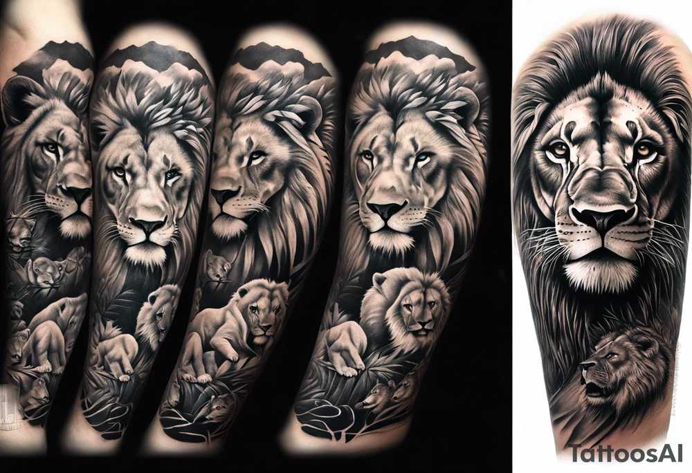 Full sleeve tattoo depicting a large lion with one blind eye with a scar going through the eye, protecting his lioness while they both also protect 6 lion cubs. Background should depict a safari scene tattoo idea