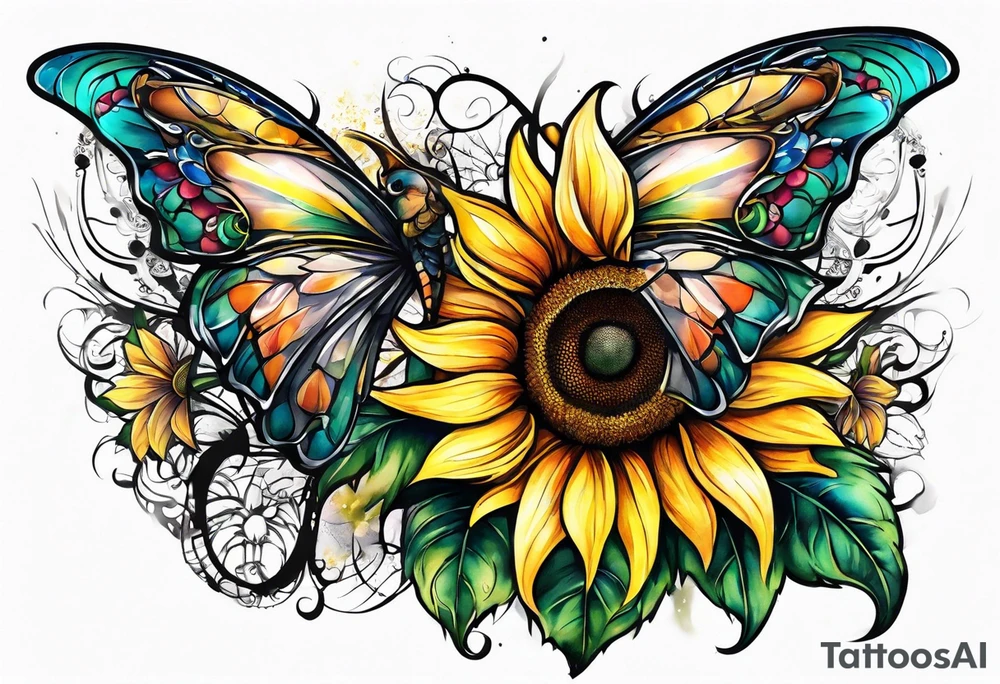 Winged cross with sunflower arm sleeve tattoo idea