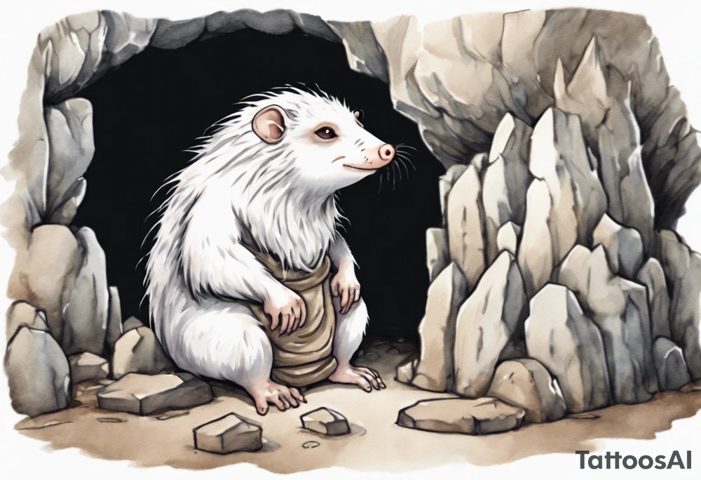 a solitary fat white mole with big breasts with brown dreadlocks and big eyes sitting in stone throne in a cave tattoo idea