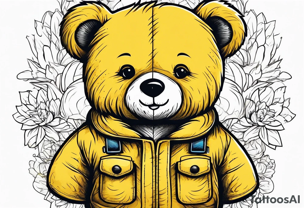 the back of a standing teddy bear in yellow overalls tattoo idea