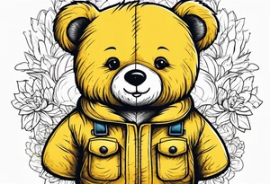 the back of a standing teddy bear in yellow overalls tattoo idea