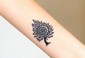 Fibonacci spiral shell on side of base of tree full of lots of leaves tattoo idea