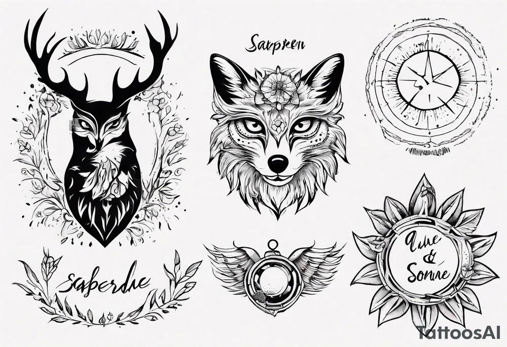 Fuchs und Eule unter der Sonne mit dem Schriftzug Sapere Aude tattoo idea