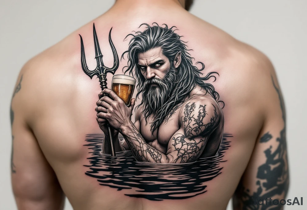 young, fit poseidon in calm water, holding a trident, drinking a beer tattoo idea