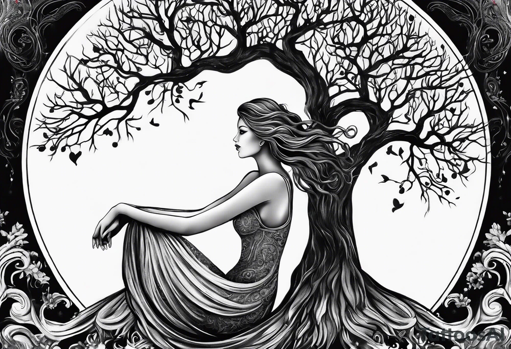 virgo sign made out of tree roots and woman in moon tattoo idea