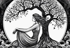 virgo sign made out of tree roots and woman in moon tattoo idea
