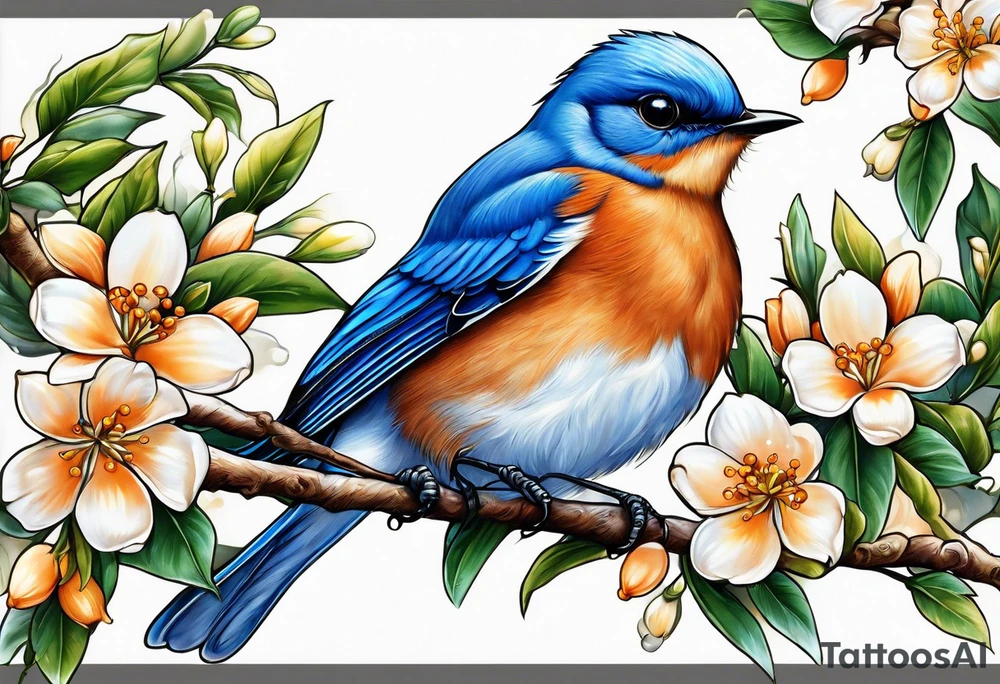 bluebird
 leaving on an orange blossom branch with its wings up tattoo idea