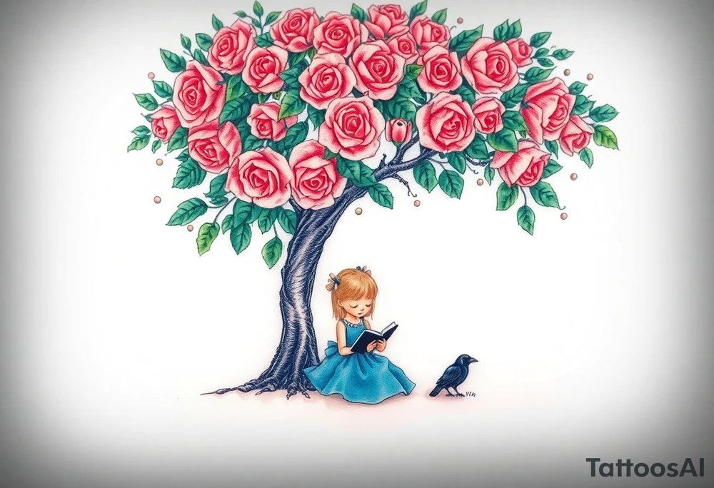 A tree of roses, a little girl wearing a blue dress sitting under it while reading. She has an orange.. A small raven watching her.


. tattoo idea