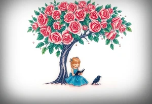 A tree of roses, a little girl wearing a blue dress sitting under it while reading. She has an orange.. A small raven watching her.


. tattoo idea