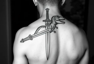 Tattoo image idea that shows a fingolfin sword and has a sauropods dinosaur incorporated with the sword tattoo idea