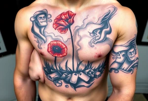 War zone with 2 poppy’s growing out of the smoke with dog tags laying on the ground tattoo idea