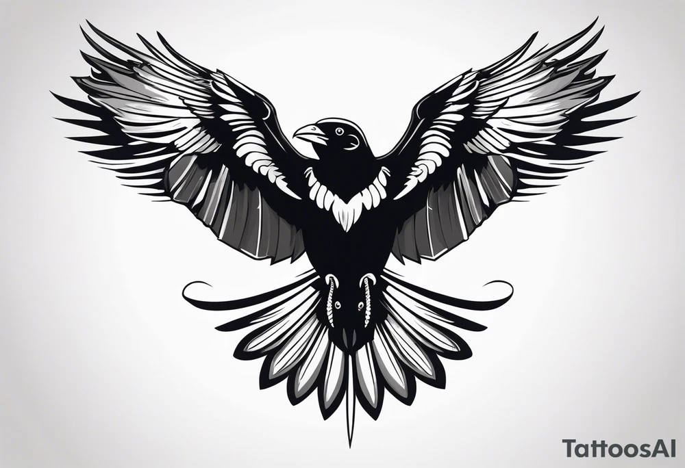 Corbeau en position de vol, avec le nom d'Emma au dessus del ailes tattoo idea