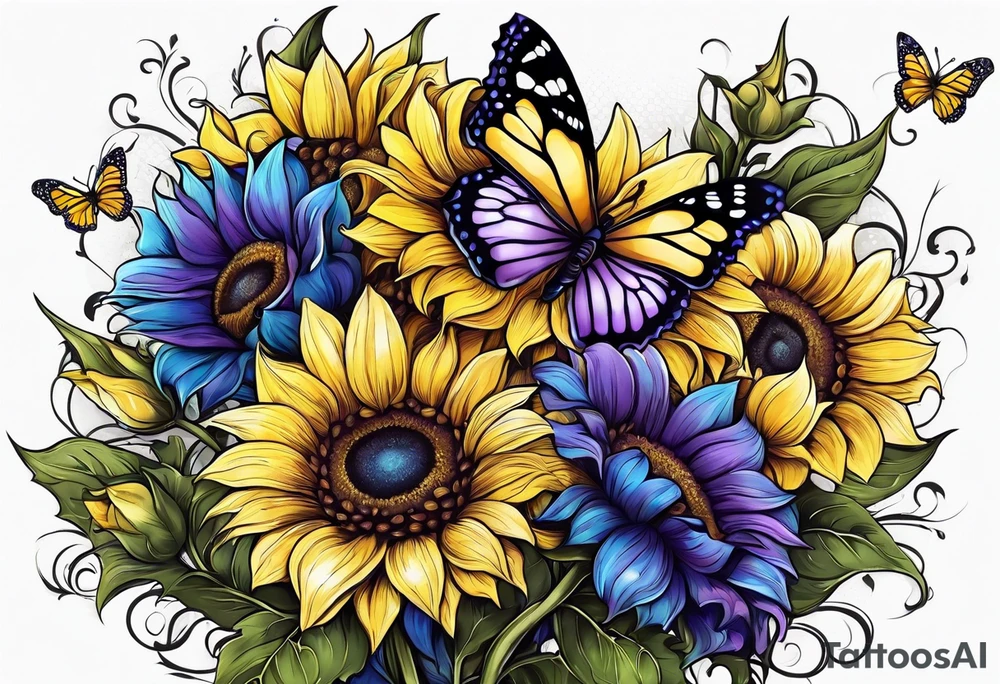 Purple, yellow and blue sunflowers with a butterfly arm.sleeve tattoo idea