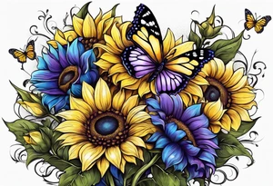 Purple, yellow and blue sunflowers with a butterfly arm.sleeve tattoo idea